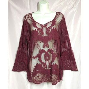 Embroidered Top Women M Burgundy Mesh Fairy Core Free Spirit Holiday Party Sexy